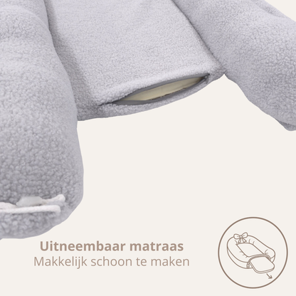 Teddy Bow Babynestje – Zacht Teddy Babynest met Uitneembaar Matras en Decoratieve Strik – Grijs