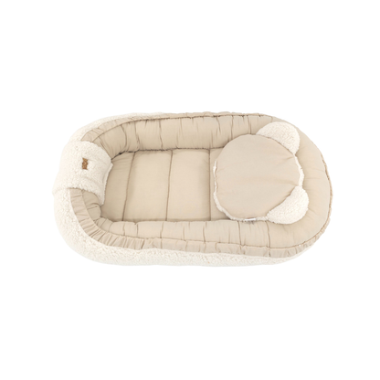Soosie - Babynestje + Kussentje + Bedomrander — 3-delige set - Teddy Cream / Katoen Beige — Dubbelzijdig — 90×50 cm nest & 180×30 cm bumper — OEKO-TEX