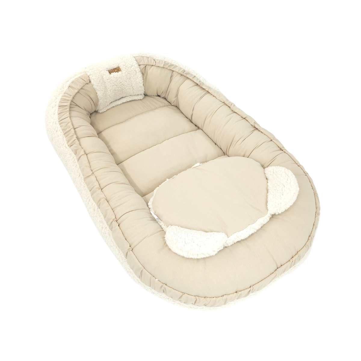 Soosie - Babynestje + Kussentje + Bedomrander — 3-delige set - Teddy Cream / Katoen Beige — Dubbelzijdig — 90×50 cm nest & 180×30 cm bumper — OEKO-TEX