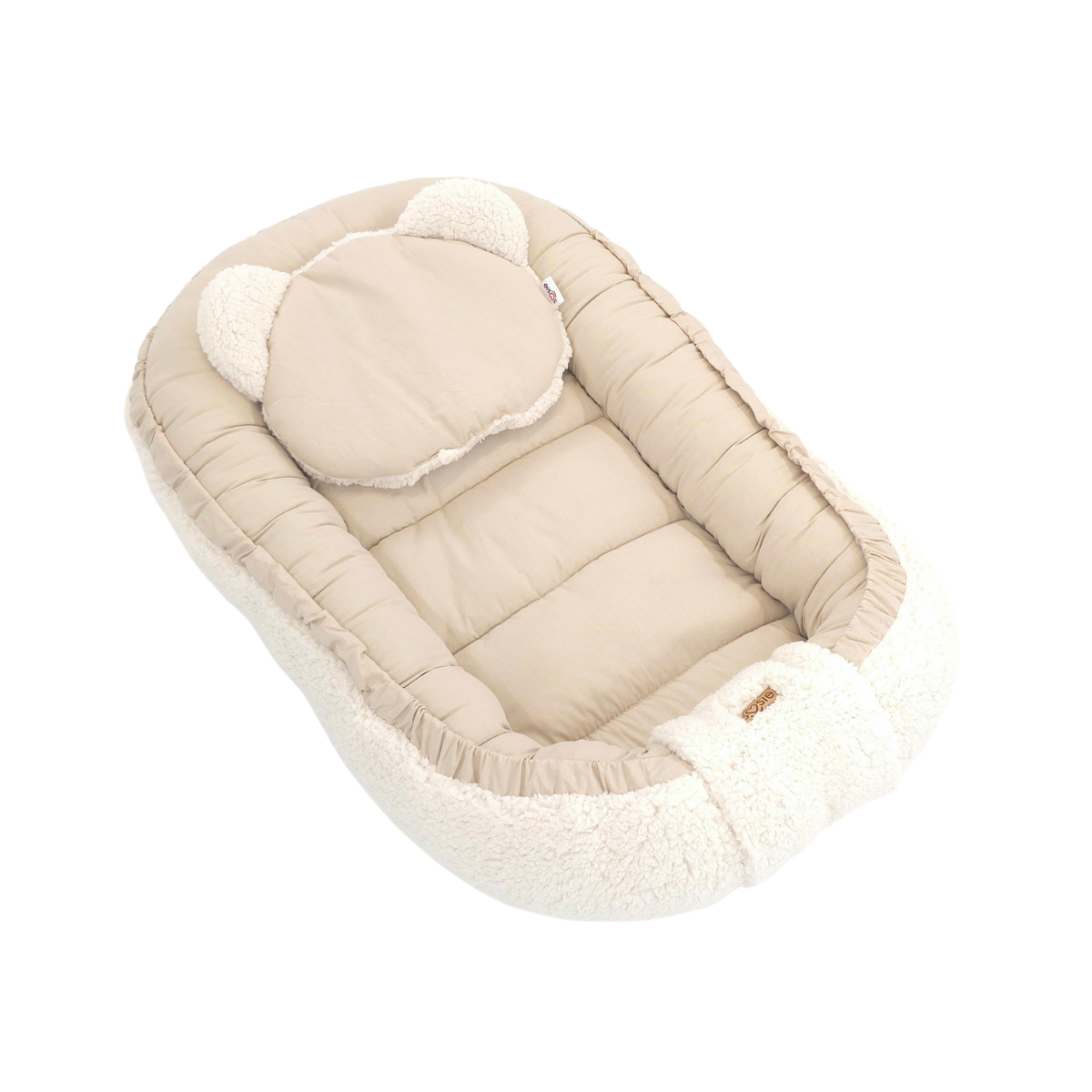 Soosie - Babynestje + Kussentje + Bedomrander — 3-delige set - Teddy Cream / Katoen Beige — Dubbelzijdig — 90×50 cm nest & 180×30 cm bumper — OEKO-TEX
