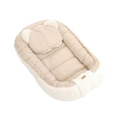 Soosie - Babynestje + Kussentje + Bedomrander — 3-delige set - Teddy Cream / Katoen Beige — Dubbelzijdig — 90×50 cm nest & 180×30 cm bumper — OEKO-TEX