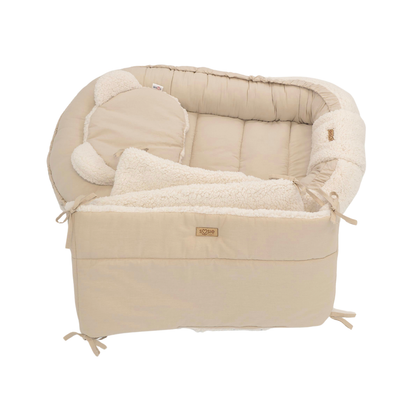 Soosie - Babynestje + Kussentje + Bedomrander — 3-delige set - Teddy Cream / Katoen Beige — Dubbelzijdig — 90×50 cm nest & 180×30 cm bumper — OEKO-TEX