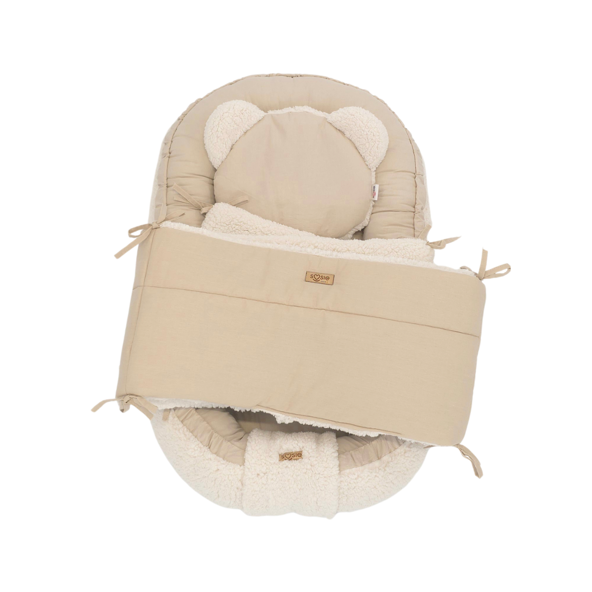 Soosie - Babynestje + Kussentje + Bedomrander — 3-delige set - Teddy Cream / Katoen Beige — Dubbelzijdig — 90×50 cm nest & 180×30 cm bumper — OEKO-TEX