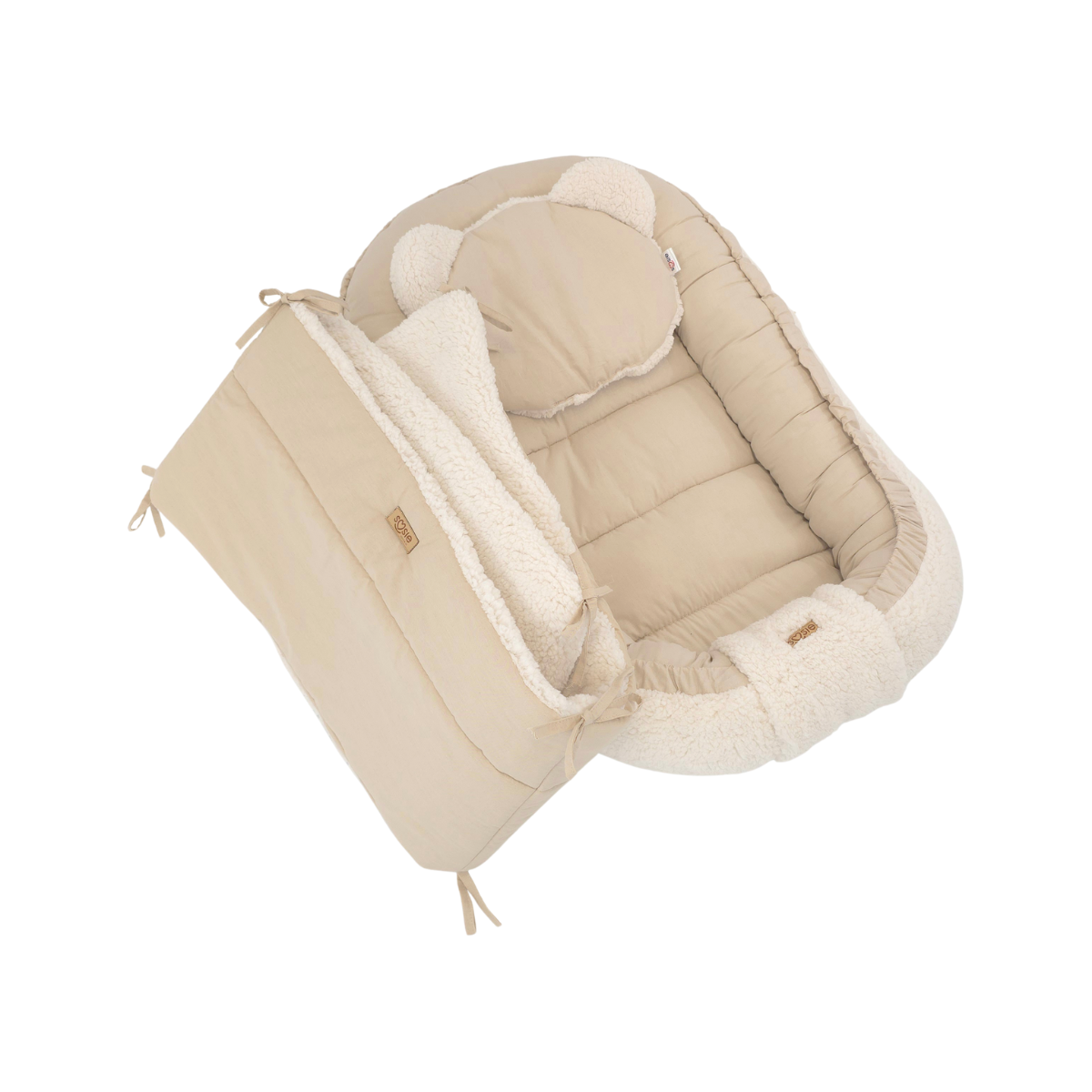 Soosie - Babynestje + Kussentje + Bedomrander — 3-delige set - Teddy Cream / Katoen Beige — Dubbelzijdig — 90×50 cm nest & 180×30 cm bumper — OEKO-TEX