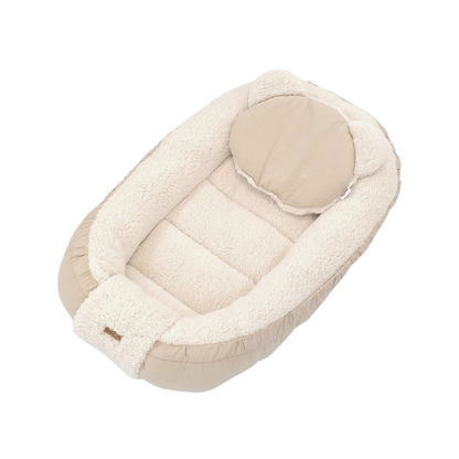 Soosie - Babynestje + Kussentje + Bedomrander — 3-delige set - Teddy Cream / Katoen Beige — Dubbelzijdig — 90×50 cm nest & 180×30 cm bumper — OEKO-TEX