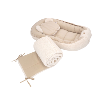 Soosie - Babynestje + Kussentje + Bedomrander — 3-delige set - Teddy Cream / Katoen Beige — Dubbelzijdig — 90×50 cm nest & 180×30 cm bumper — OEKO-TEX
