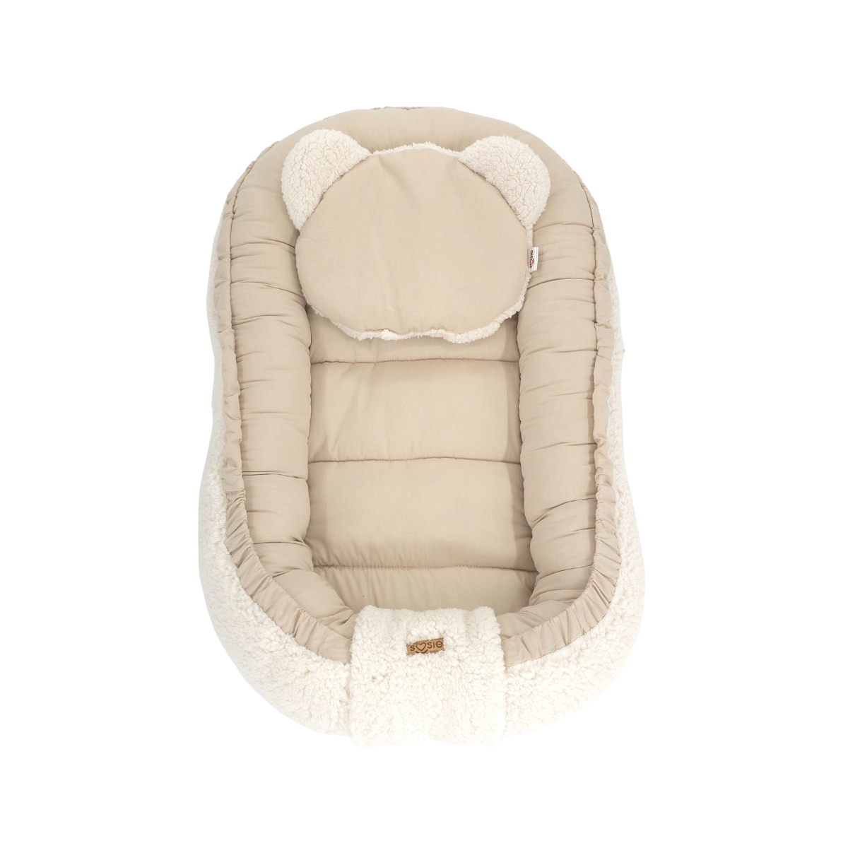 Soosie - Babynestje + Kussentje + Bedomrander — 3-delige set - Teddy Cream / Katoen Beige — Dubbelzijdig — 90×50 cm nest & 180×30 cm bumper — OEKO-TEX