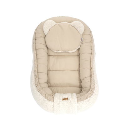 Soosie - Babynestje + Kussentje + Bedomrander — 3-delige set - Teddy Cream / Katoen Beige — Dubbelzijdig — 90×50 cm nest & 180×30 cm bumper — OEKO-TEX