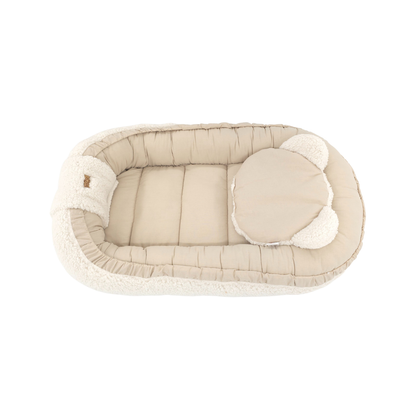 Soosie - Babynestje + Kussentje + Bedomrander — 3-delige set - Teddy Cream / Katoen Beige — Dubbelzijdig — 90×50 cm nest & 180×30 cm bumper — OEKO-TEX