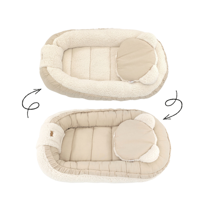 Soosie - Babynestje + Kussentje + Bedomrander — 3-delige set - Teddy Cream / Katoen Beige — Dubbelzijdig — 90×50 cm nest & 180×30 cm bumper — OEKO-TEX