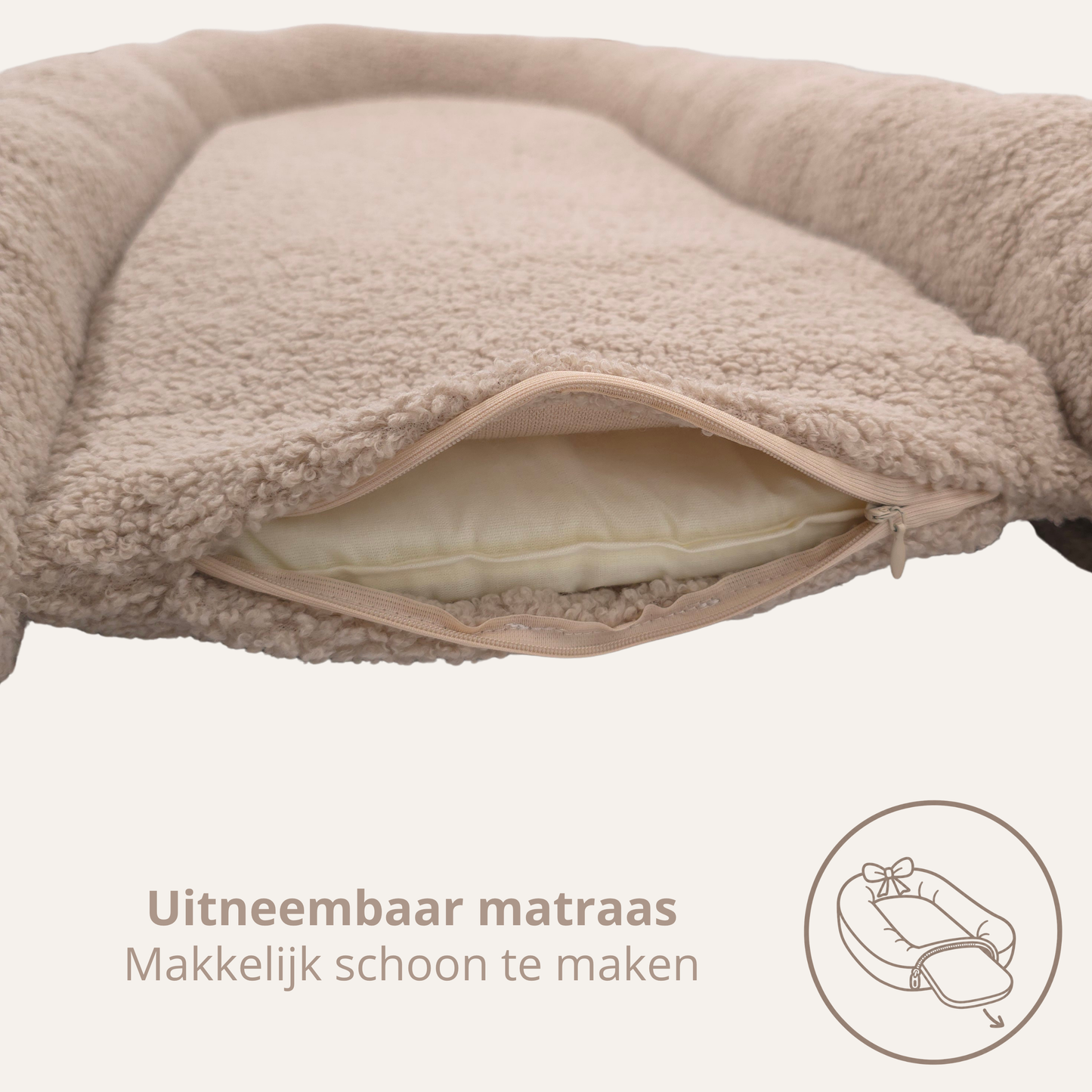 Teddy Bow Babynestje – Zacht Teddy Babynest met Uitneembaar Matras en Decoratieve Strik – Beige/Bruin
