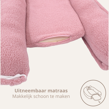 Teddy Bow Babynestje – Zacht Teddy Babynest met Uitneembaar Matras en Decoratieve Strik – Roze