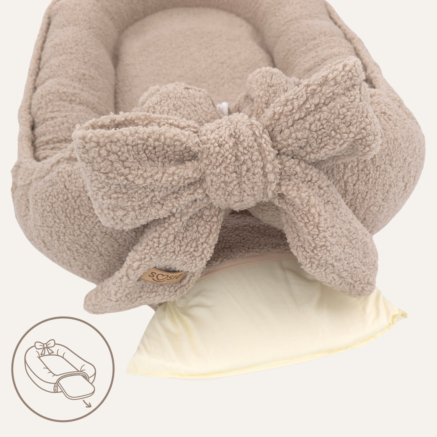 Teddy Bow Babynestje – Zacht Teddy Babynest met Uitneembaar Matras en Decoratieve Strik – Beige/Bruin