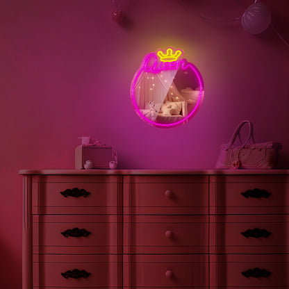 LED Neon Spiegel “Queen” – Wandspiegel met Verlichting – Dimbaar – USB – Warm Wit & Roze – Forever Light
