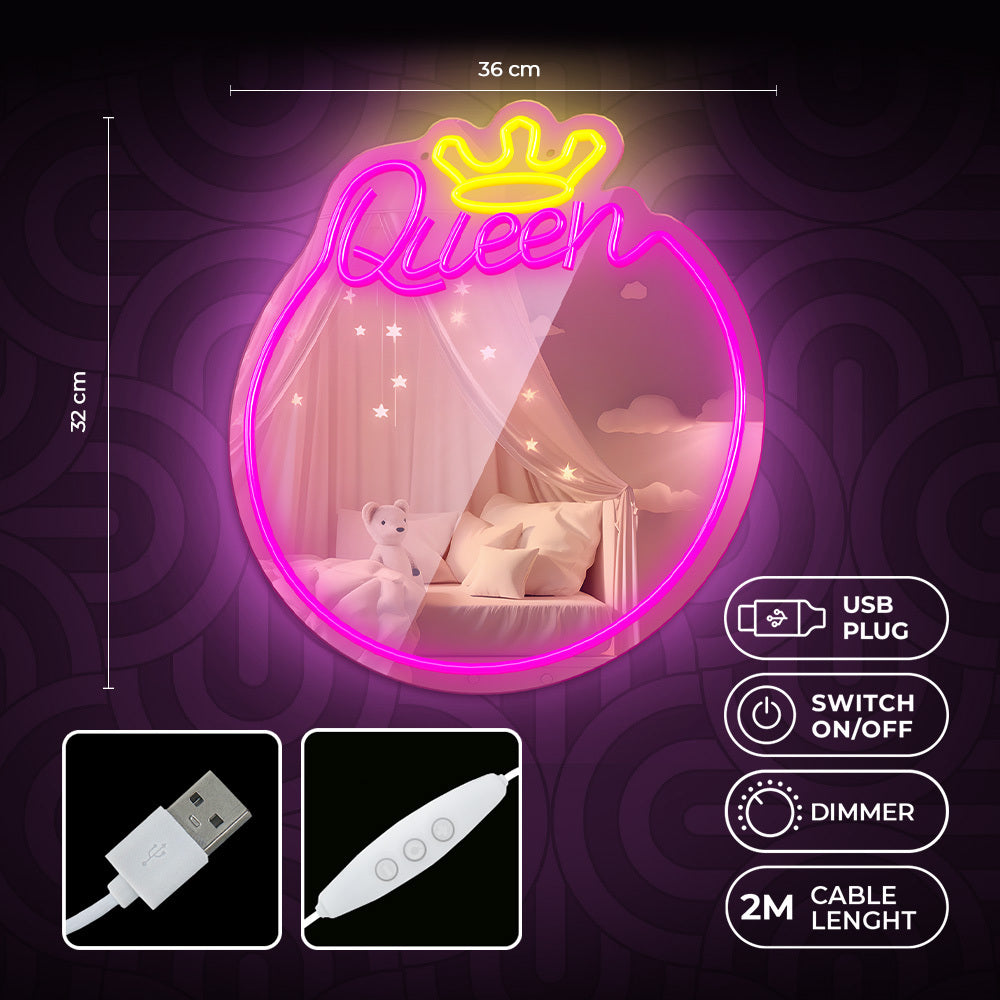 LED Neon Spiegel “Queen” – Wandspiegel met Verlichting – Dimbaar – USB – Warm Wit & Roze – Forever Light