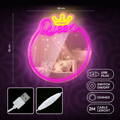 LED Neon Spiegel “Queen” – Wandspiegel met Verlichting – Dimbaar – USB – Warm Wit & Roze – Forever Light