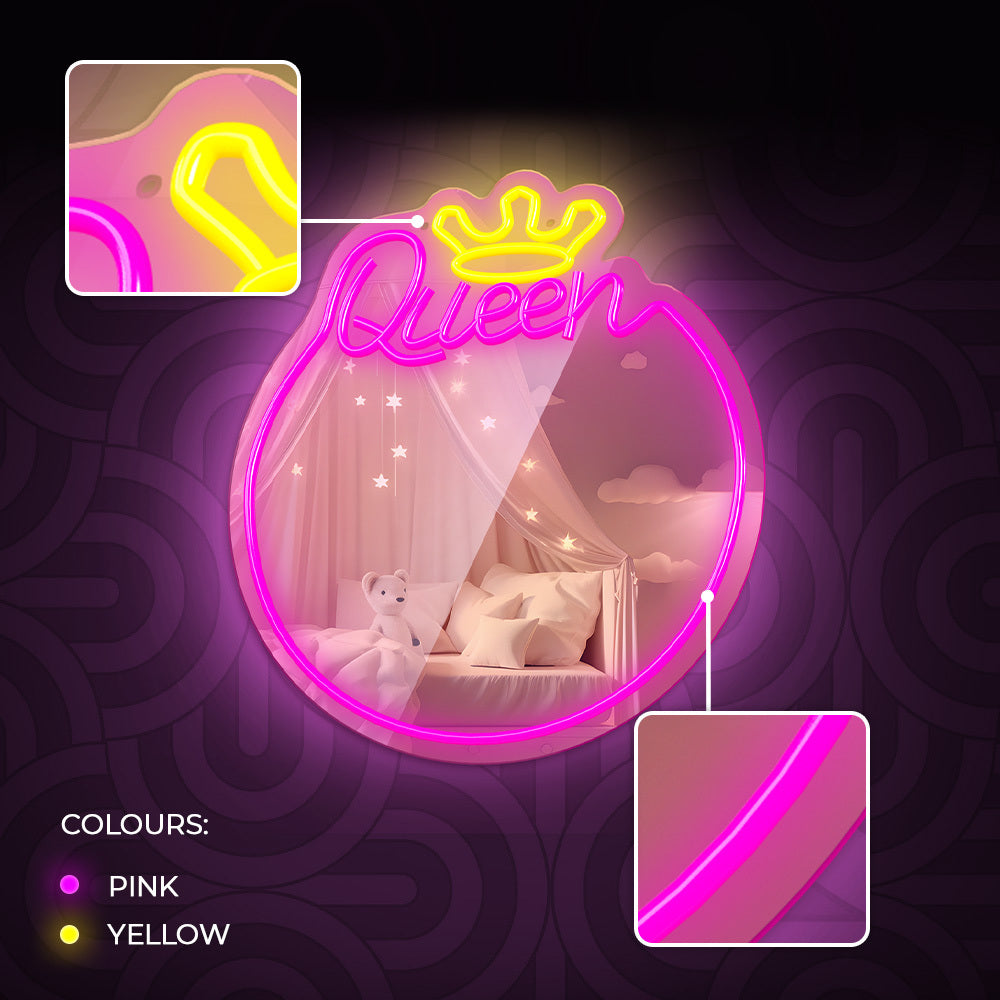 LED Neon Spiegel “Queen” – Wandspiegel met Verlichting – Dimbaar – USB – Warm Wit & Roze – Forever Light