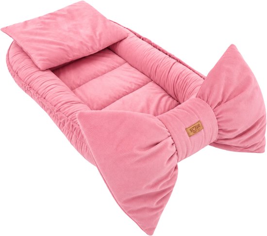 Babynestje Velvet Bow in roze met decoratieve strik, 3 opstellingen in 1