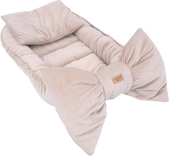 Babynestje Velvet Bow in beige met decoratieve strik, 3 opstellingen in 1