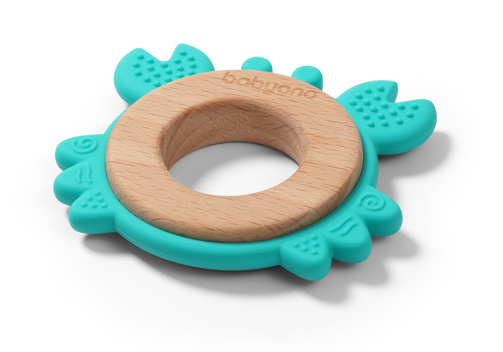 Houten en siliconen bijtring Krab van Babyono in turquoise