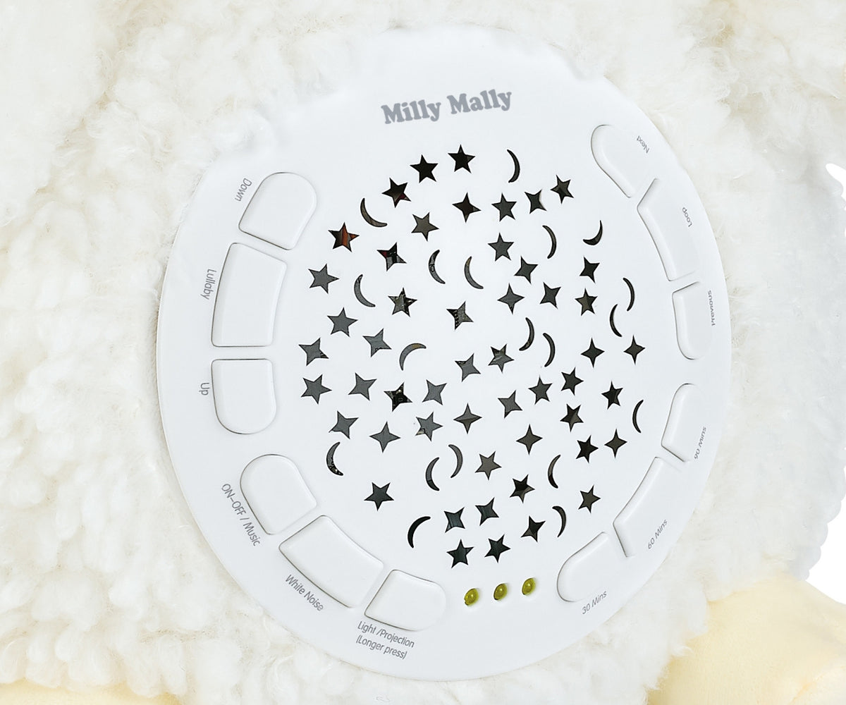 Milly Mally Milly Sheep knuffel met sterrenprojector, 10 slaapliedjes en white noise
