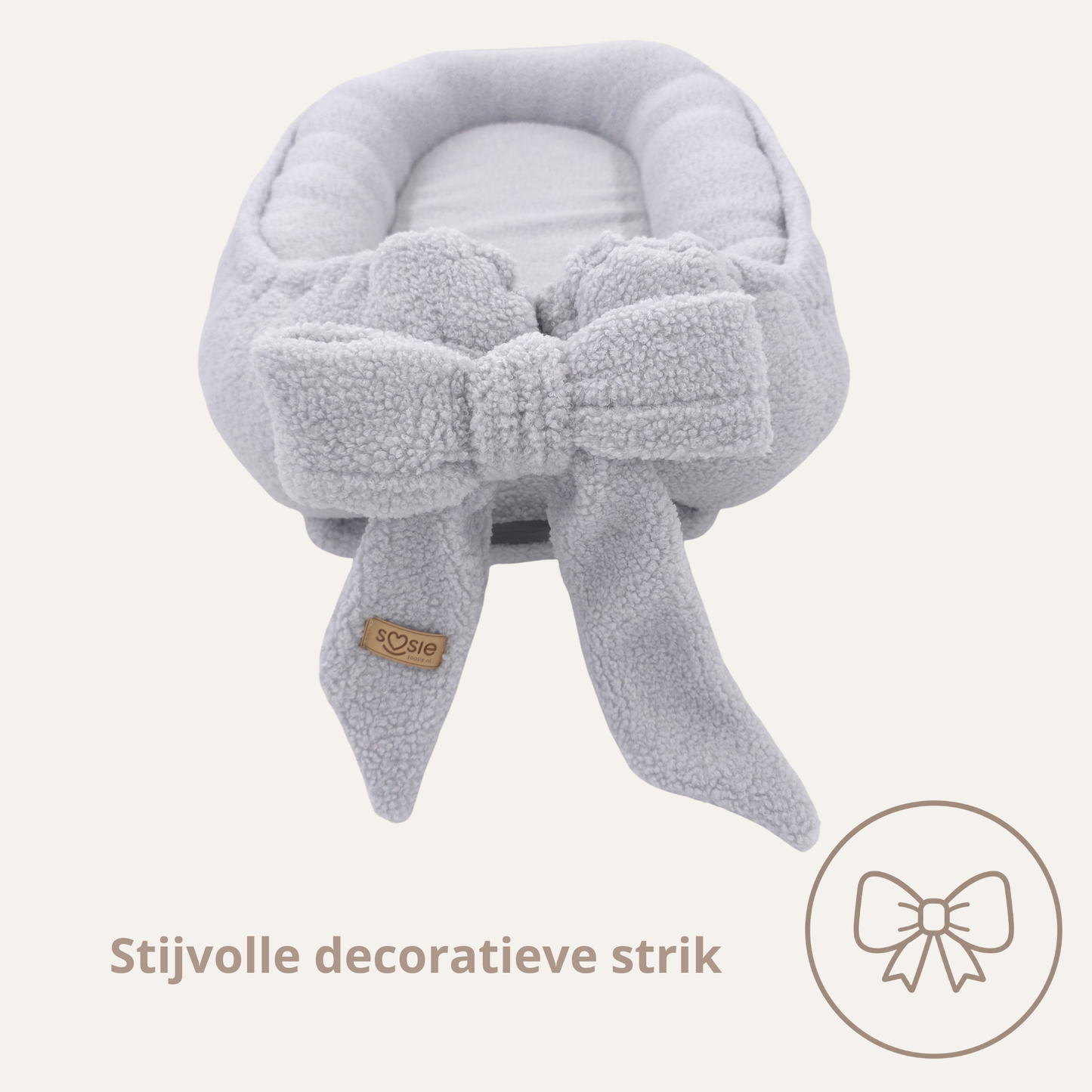 Teddy Bow Babynestje – Zacht Teddy Babynest met Uitneembaar Matras en Decoratieve Strik – Grijs