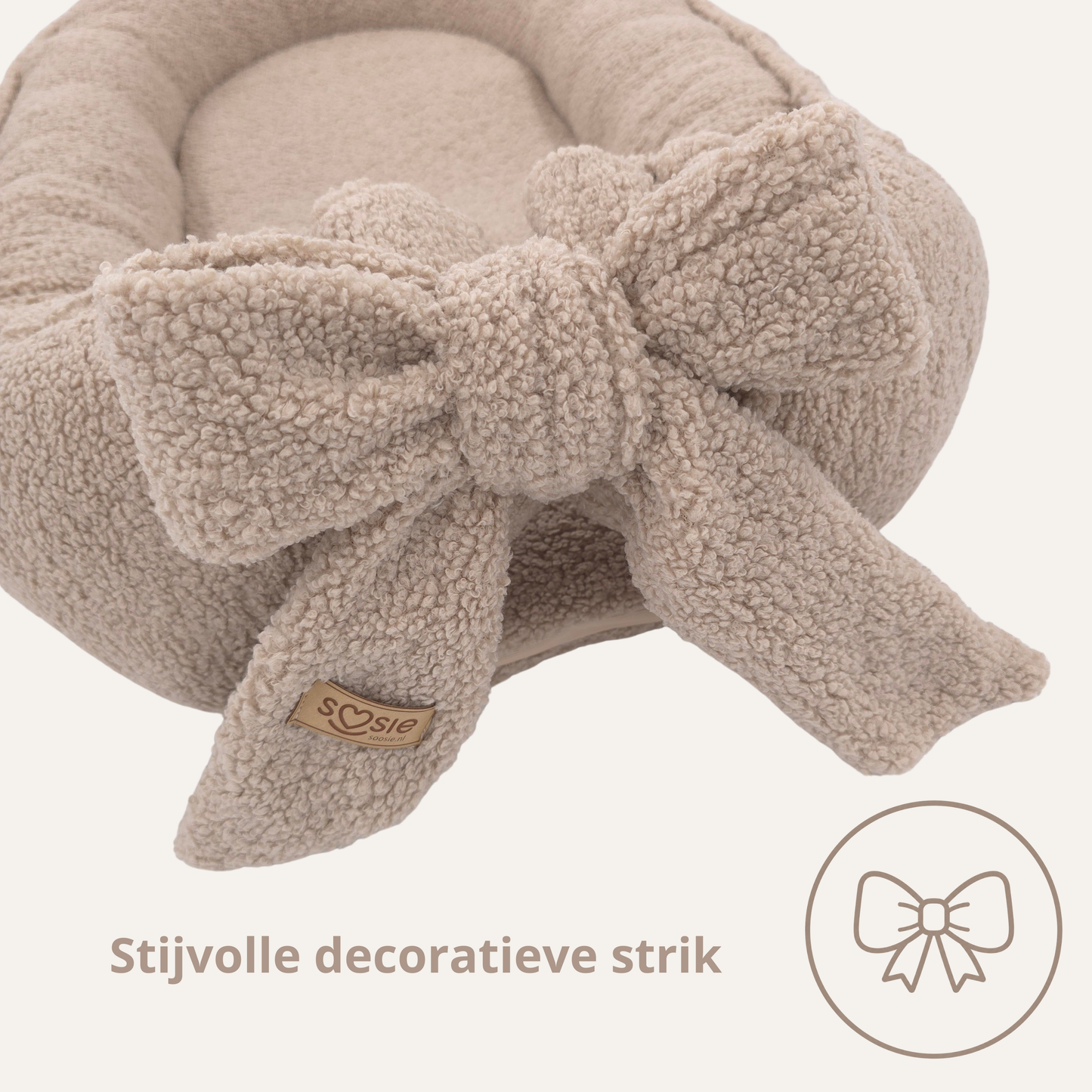 Teddy Bow Babynestje – Zacht Teddy Babynest met Uitneembaar Matras en Decoratieve Strik – Beige/Bruin