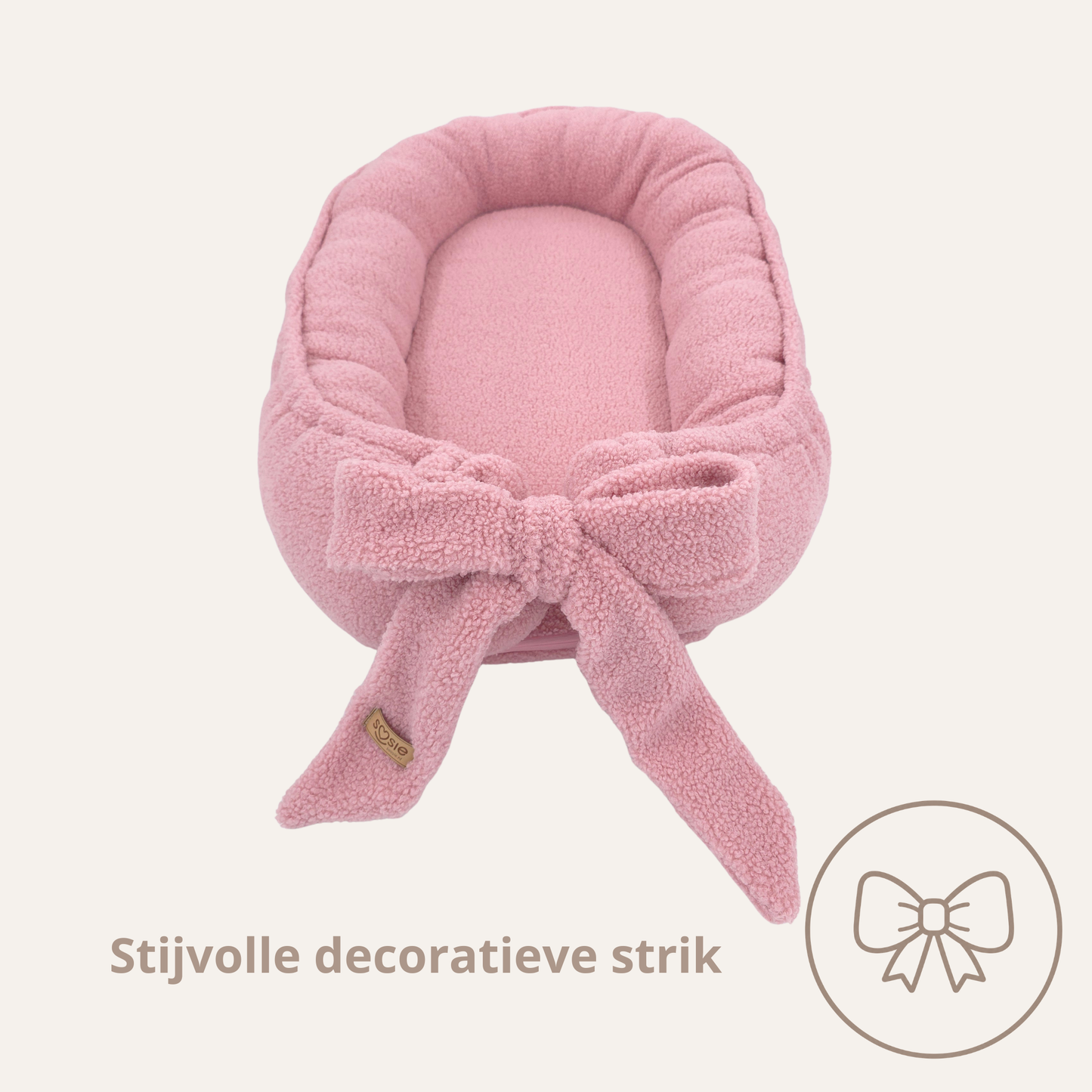 Teddy Bow Babynestje – Zacht Teddy Babynest met Uitneembaar Matras en Decoratieve Strik – Roze