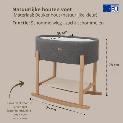 Soosie - Teddy Bouclé - Mozesmand - Baby Wieg met Schommelbasis - Natuurlijk Beukenhout – Grijs – 75×36 – Met Matras