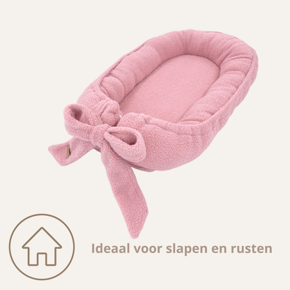 Teddy Bow Babynestje – Zacht Teddy Babynest met Uitneembaar Matras en Decoratieve Strik – Roze