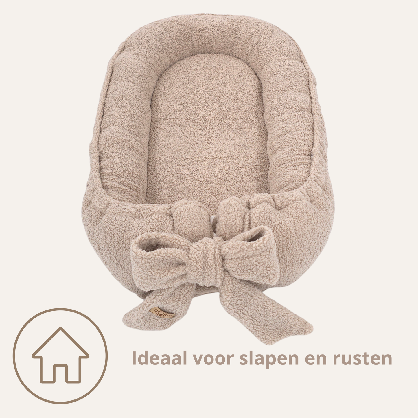 Teddy Bow Babynestje – Zacht Teddy Babynest met Uitneembaar Matras en Decoratieve Strik – Beige/Bruin