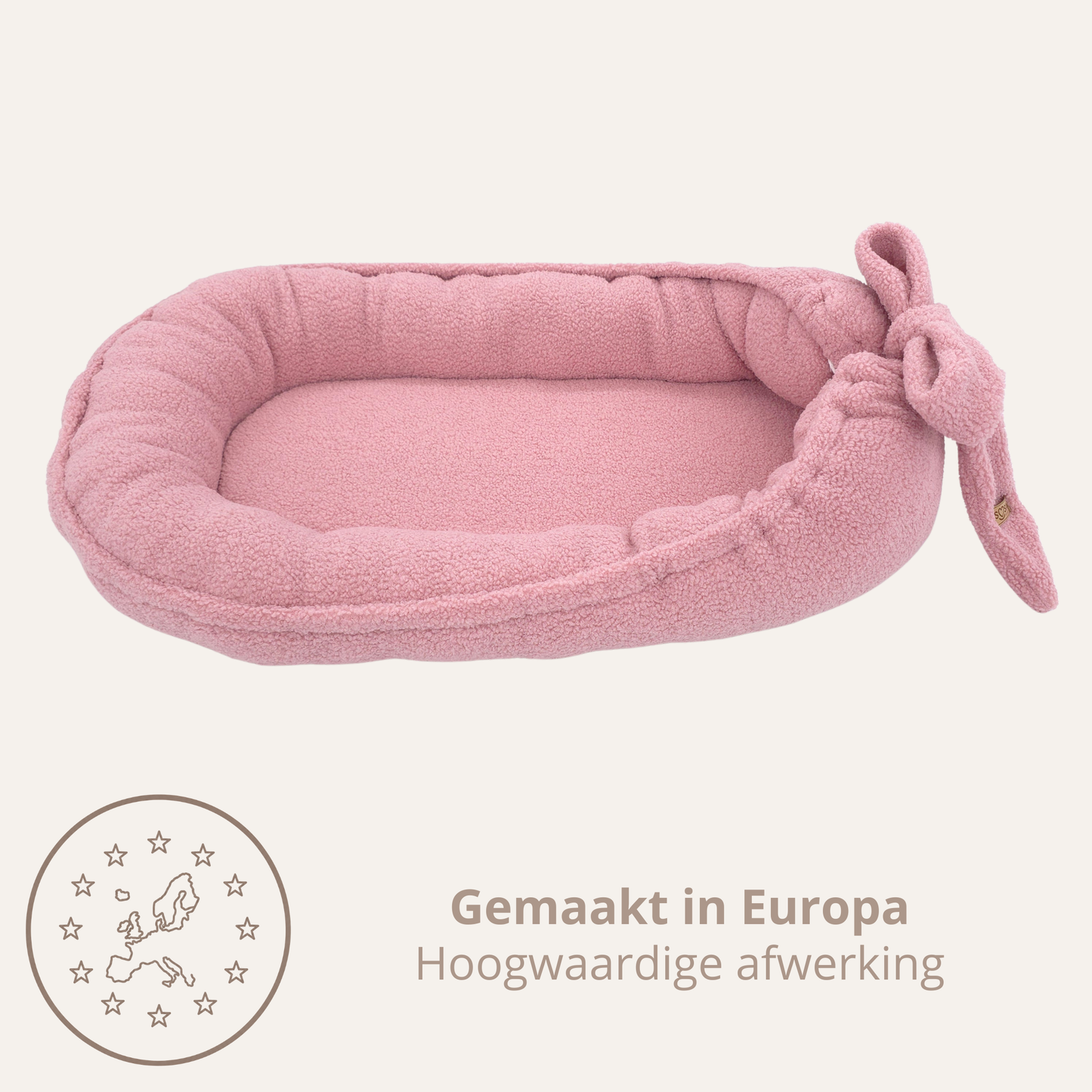 Teddy Bow Babynestje – Zacht Teddy Babynest met Uitneembaar Matras en Decoratieve Strik – Roze