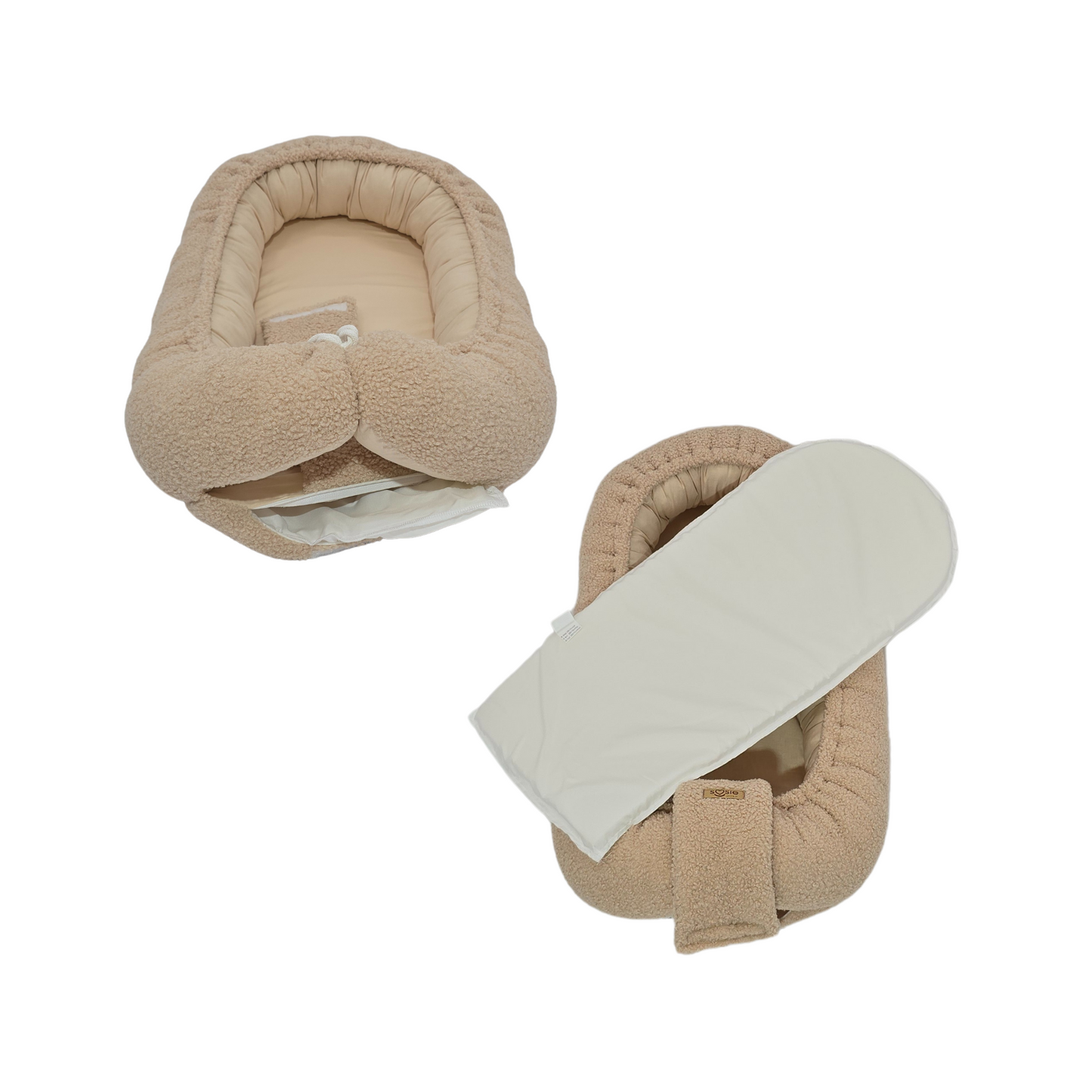 Soosie - Babynestje - Teddy Bounce Beige + Katoen - 80×46 cm - OEKO-Tex - Uitneembaar matrasje