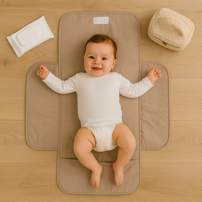 Soosie - Opvouwbaar Waterdicht Verschoonmatje – Reisverschoonmat Baby 70×55 cm – Beige – Met Vakje & Klittenbandsluiting