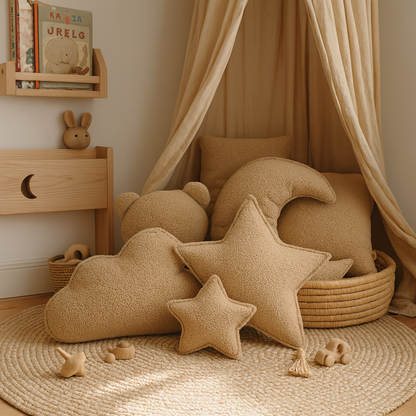 Sierkussen Maan – Kussentje - Teddy Bouclé – Ø 50 cm – Beige – met kwastje