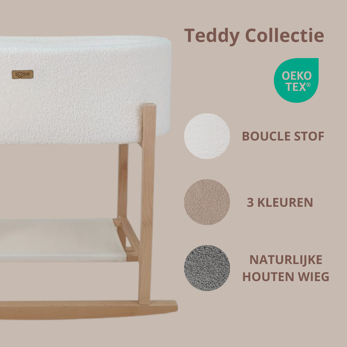 Soosie - Teddy Bouclé - Mozesmand - Baby Wieg met Schommelbasis - Natuurlijk Beukenhout – Cream – 75×36 – Met Matras
