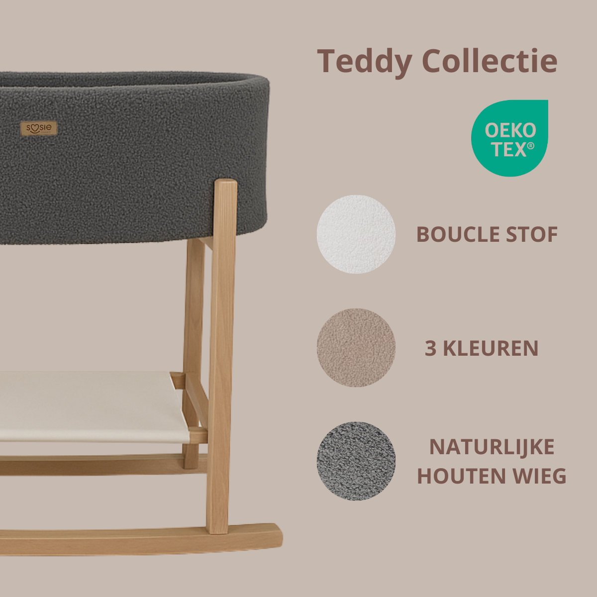 Soosie - Teddy Bouclé - Mozesmand - Baby Wieg met Schommelbasis - Natuurlijk Beukenhout – Grijs – 75×36 – Met Matras