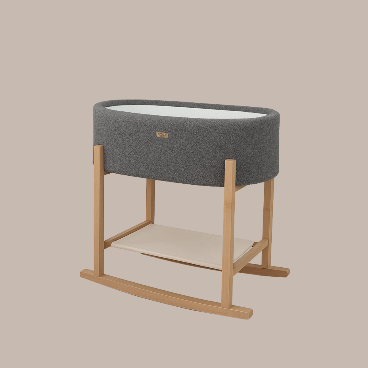 Soosie - Teddy Bouclé - Mozesmand - Baby Wieg met Schommelbasis - Natuurlijk Beukenhout – Grijs – 75×36 – Met Matras
