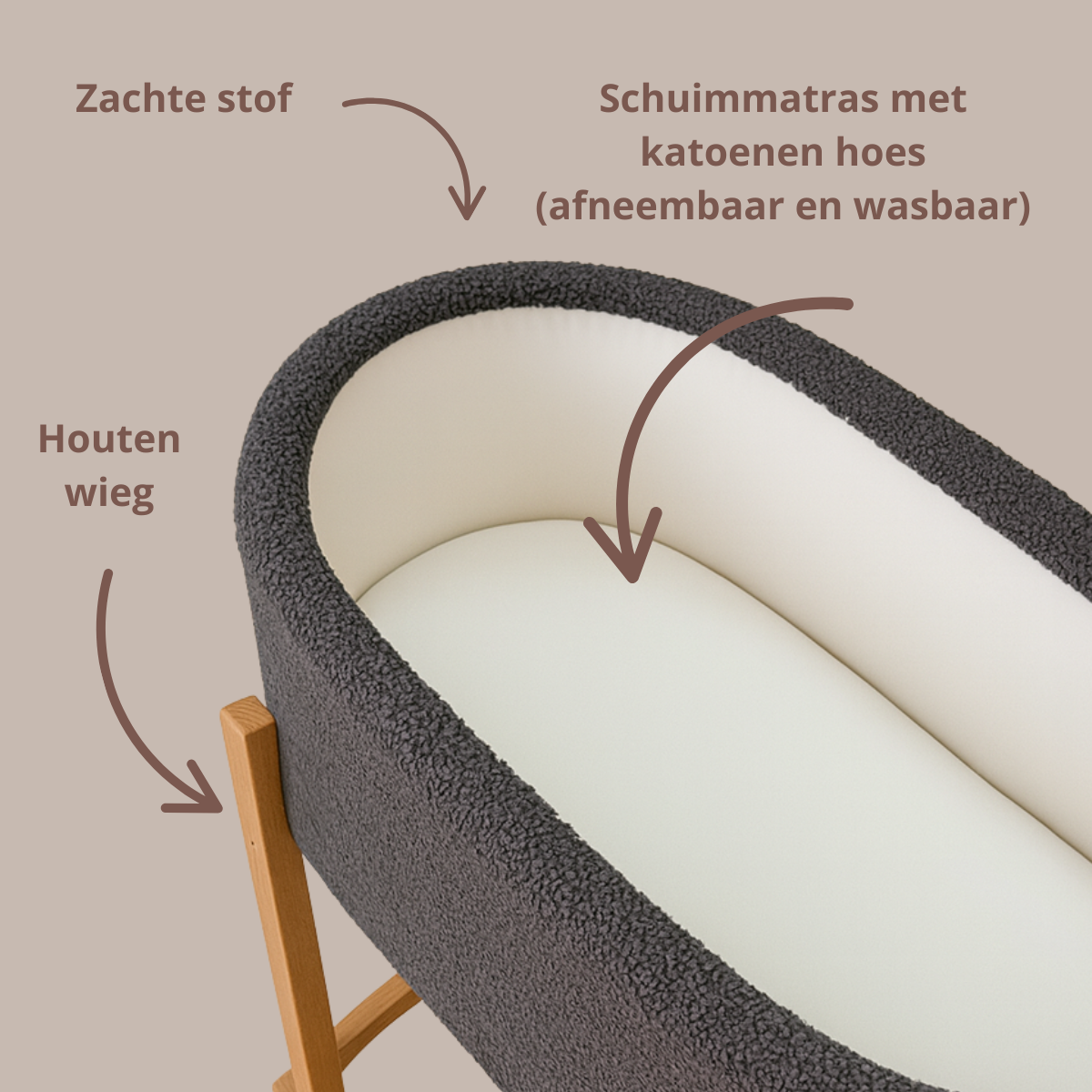 Soosie - Teddy Bouclé - Mozesmand - Baby Wieg met Schommelbasis - Natuurlijk Beukenhout – Grijs – 75×36 – Met Matras