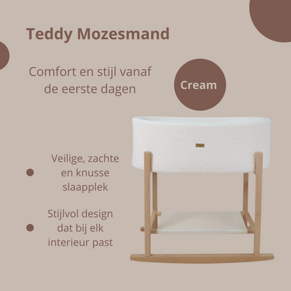 Soosie - Teddy Bouclé - Mozesmand - Baby Wieg met Schommelbasis - Natuurlijk Beukenhout – Cream – 75×36 – Met Matras