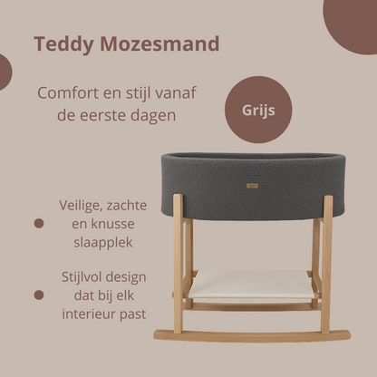 Soosie - Teddy Bouclé - Mozesmand - Baby Wieg met Schommelbasis - Natuurlijk Beukenhout – Grijs – 75×36 – Met Matras