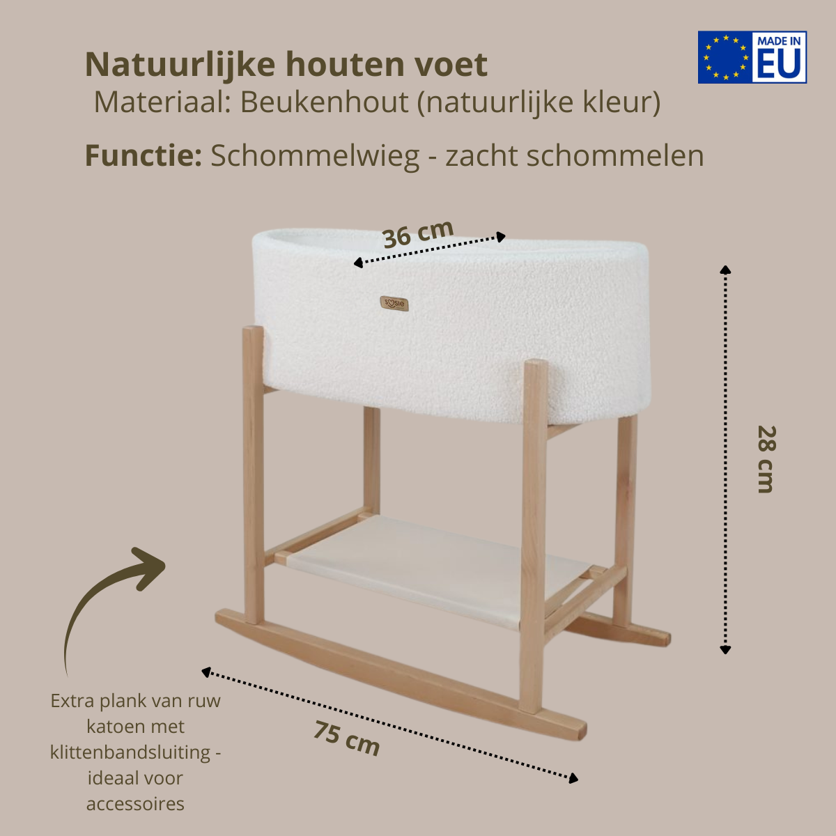 Soosie - Teddy Bouclé - Mozesmand - Baby Wieg met Schommelbasis - Natuurlijk Beukenhout – Cream – 75×36 – Met Matras