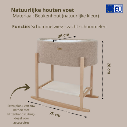Soosie - Teddy Bouclé - Mozesmand - Baby Wieg met Schommelbasis - Natuurlijk Beukenhout – Beige – 75×36 – Met Matras