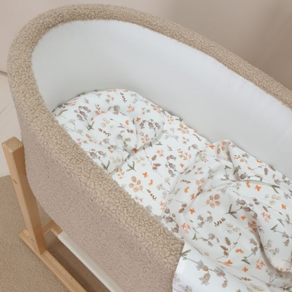 Soosie - Teddy Bouclé - Mozesmand - Baby Wieg met Schommelbasis - Natuurlijk Beukenhout – Beige – 75×36 – Met Matras