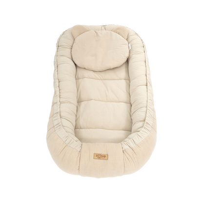 Soosie Babynestje met kussentje – Katoen & Mousseline – Dubbelzijdig – Beige – 90×50 cm - Verstelbaar met Strikkoorden – OEKO-TEX®, Anti-allergeen, Made in EU