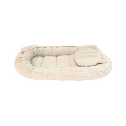 Soosie Babynestje met kussentje – Katoen & Mousseline – Dubbelzijdig – Beige – 90×50 cm - Verstelbaar met Strikkoorden – OEKO-TEX®, Anti-allergeen, Made in EU