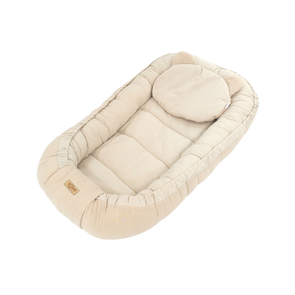 Soosie Babynestje met kussentje – Katoen & Mousseline – Dubbelzijdig – Beige – 90×50 cm - Verstelbaar met Strikkoorden – OEKO-TEX®, Anti-allergeen, Made in EU