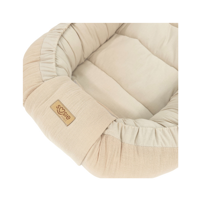 Soosie Babynestje met kussentje – Katoen & Mousseline – Dubbelzijdig – Beige – 90×50 cm - Verstelbaar met Strikkoorden – OEKO-TEX®, Anti-allergeen, Made in EU