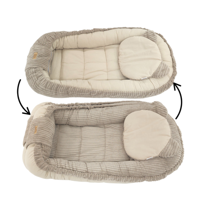 Soosie Babynestje – Corduroy & Katoen – Dubbelzijdig – Beige – 90×50 cm, Verstelbaar met Strikkoorden – Inclusief Kussentje