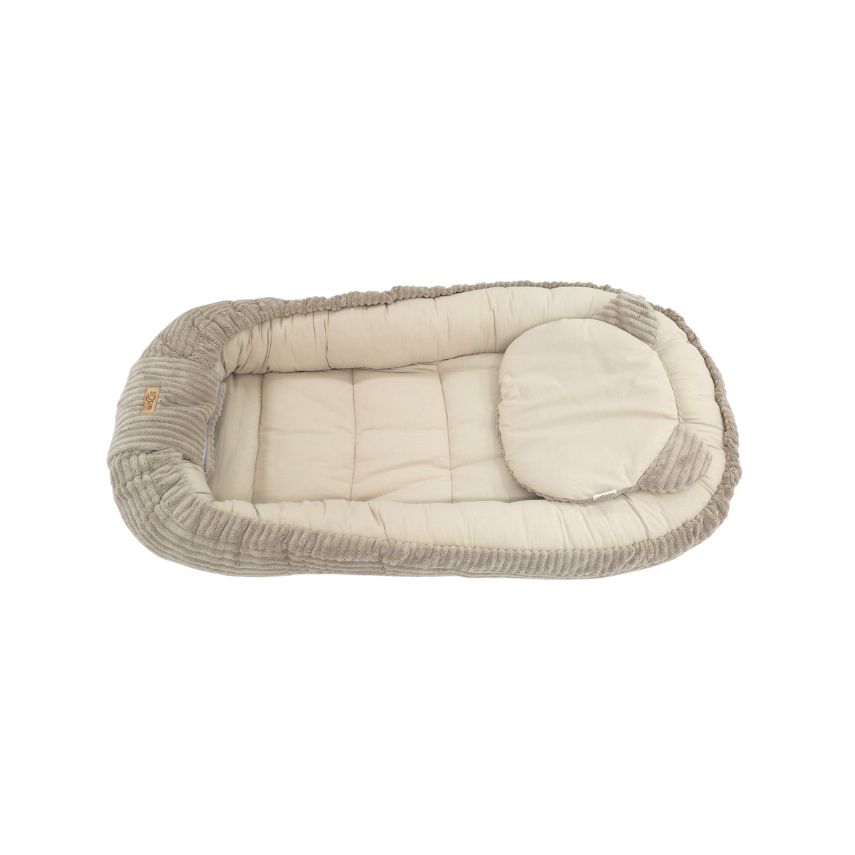 Soosie Babynestje – Corduroy & Katoen – Dubbelzijdig – Beige – 90×50 cm, Verstelbaar met Strikkoorden – Inclusief Kussentje